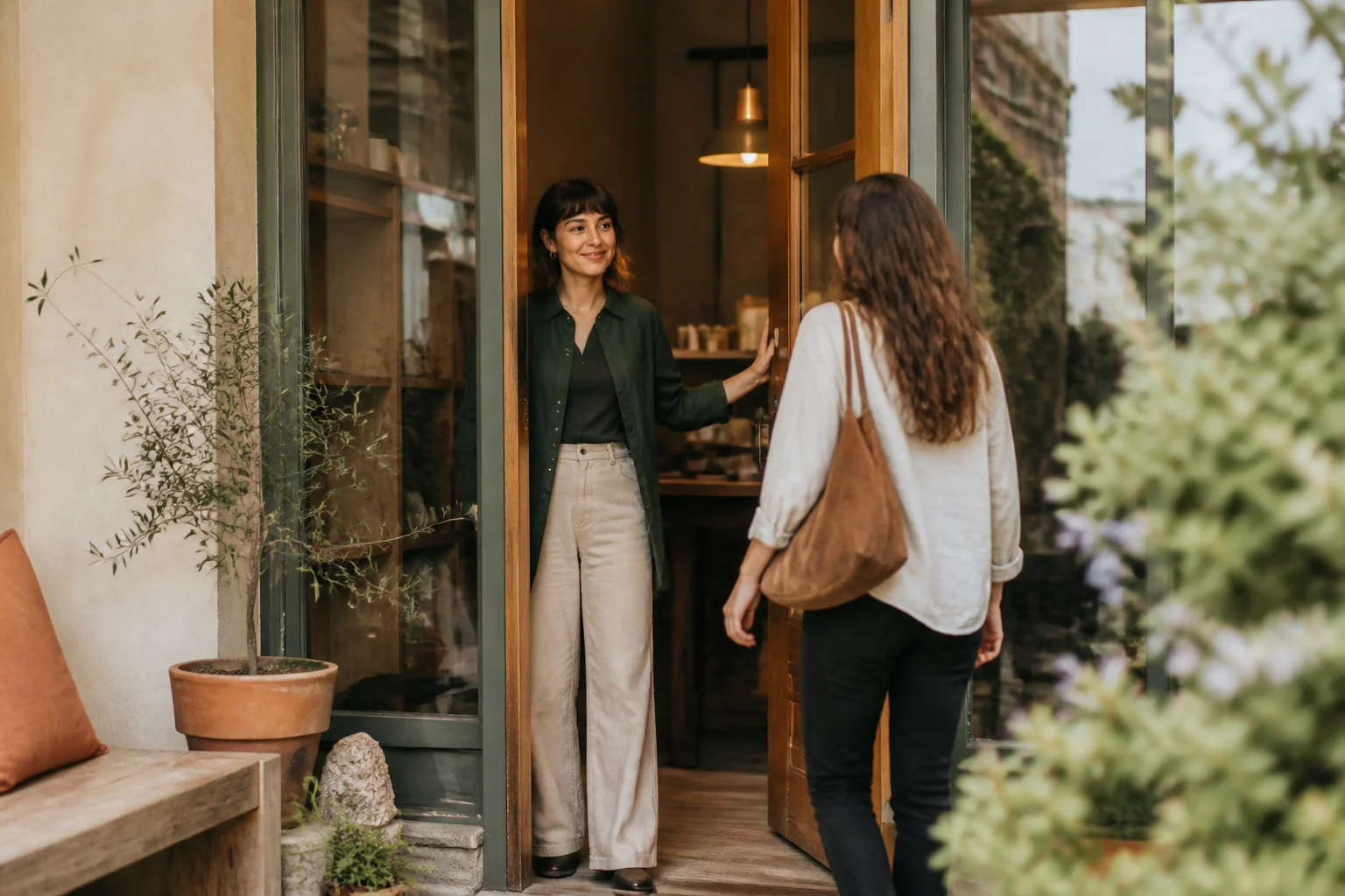Illustrative scene of a local business owner welcoming a customer at the door.
