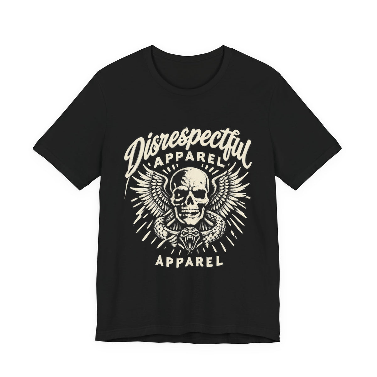Black Disrespectful Apparel Skull and Wings graphic T-shirt on a plain background.