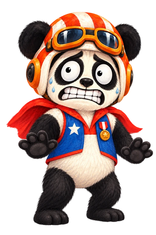 Gary the panda in goggles, helmet and cape, looking worried about his next launch