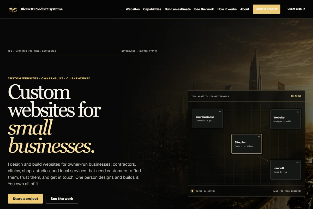 Homepage of blewettproductsystems.com: black and gold layout with the headline Custom websites for small businesses