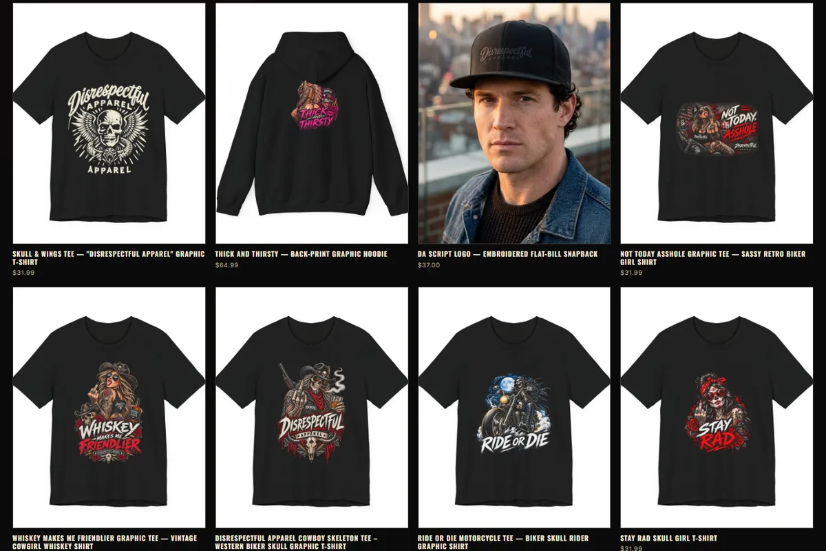 Product grid from the Disrespectful Apparel storefront showing graphic t-shirts and a hoodie on a black background
