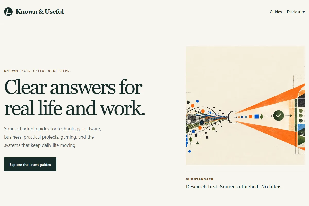 Known and Useful homepage with the headline Clear answers for real life and work and an illustrated desk scene